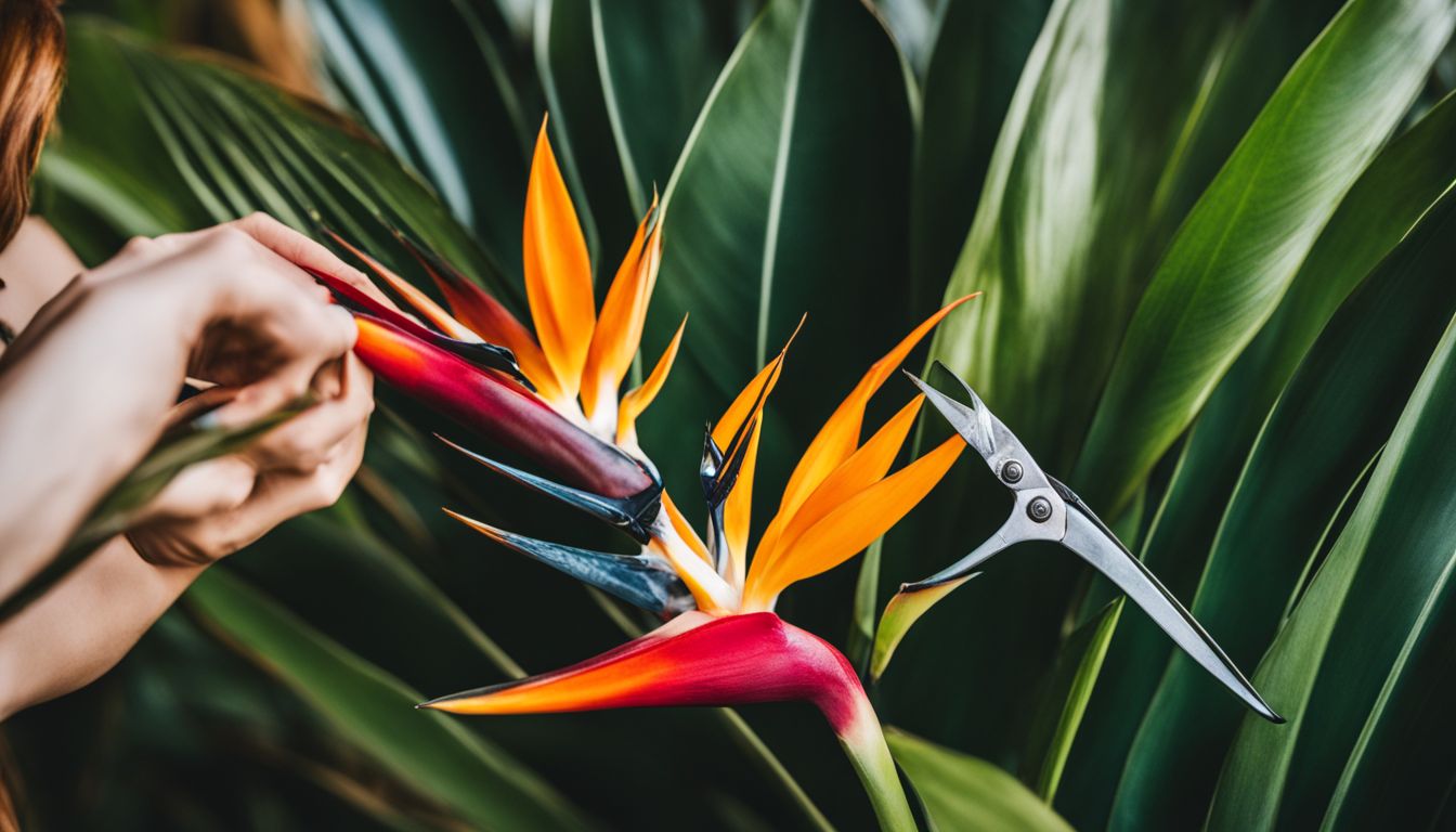 Pruning shears being used on a Bird of Paradise plant in a busy, well-lit environment with various people and outfits.