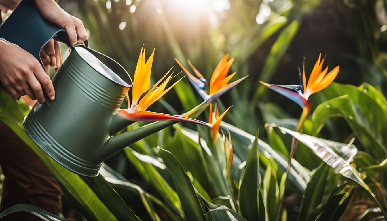 A close-up photo of a person watering a Bird of Paradise plant with a watering can.
