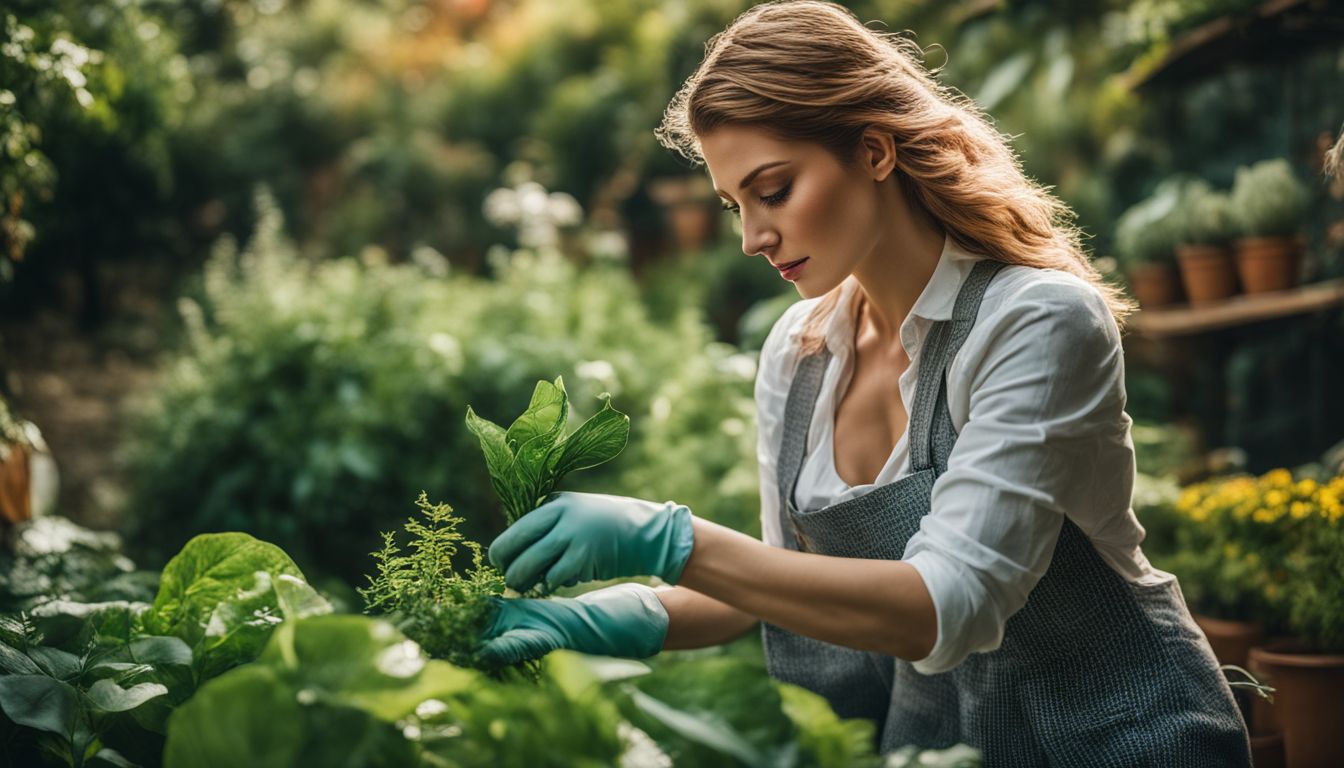 A Caucasian woman in gardening gloves surrounded by greenery, checking plants in a variety of outfits and hairstyles.