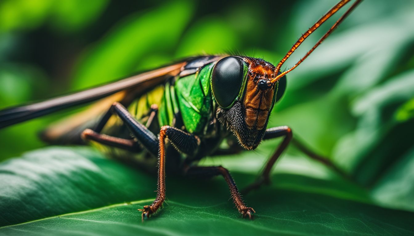 A close-up photo of a cricket chewing on a leaf in a lush garden surrounded by various people with different styles.