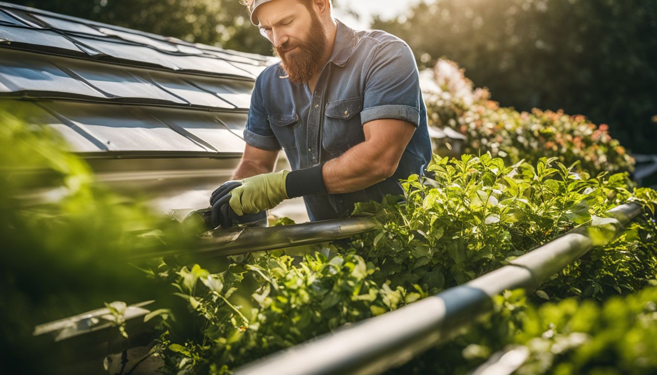 A landscaper cleaning gutters surrounded by greenery, with various people and equipment in the scene.