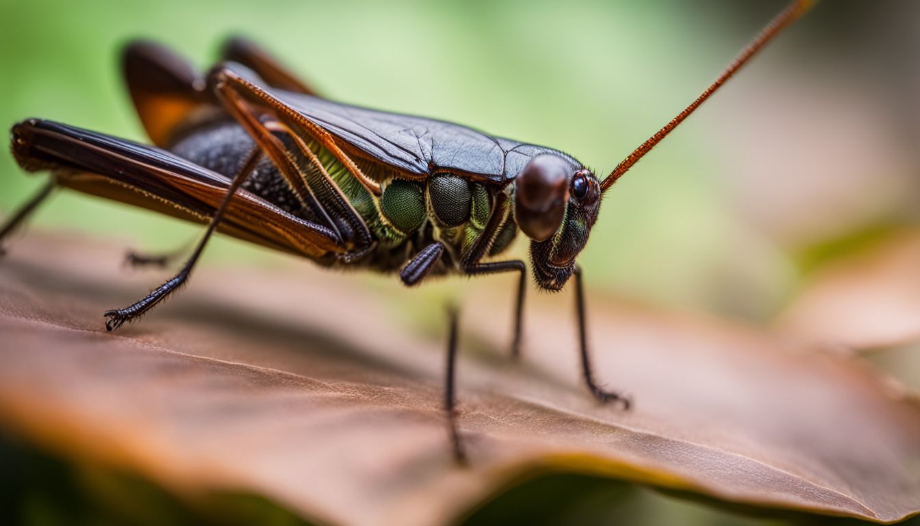 A detailed photo of a cricket on a damaged leaf in a garden, featuring different faces, hair styles, and outfits.