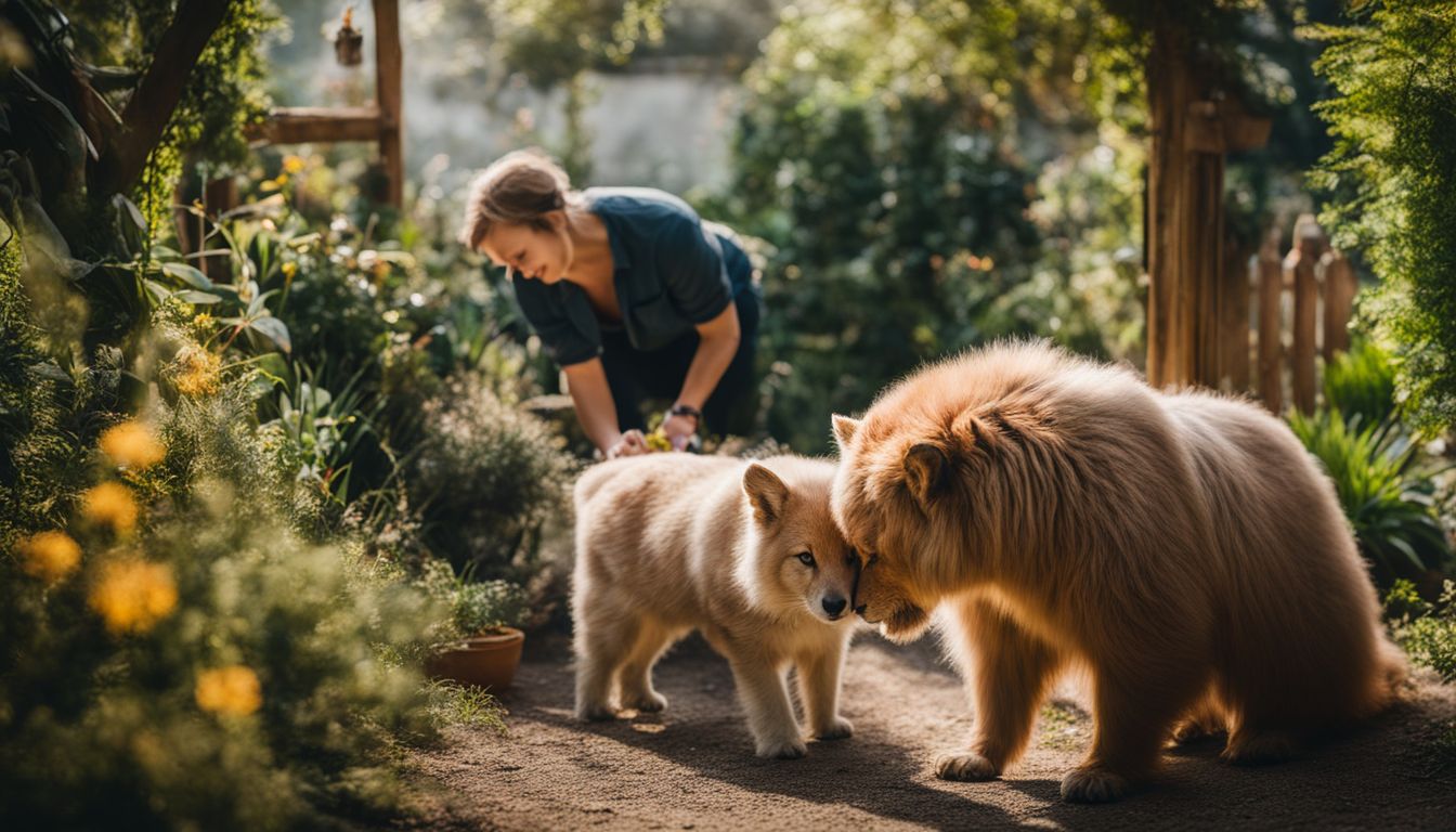 A photo of animals in a garden with a diverse group of people, surrounded by plants and well-lit.