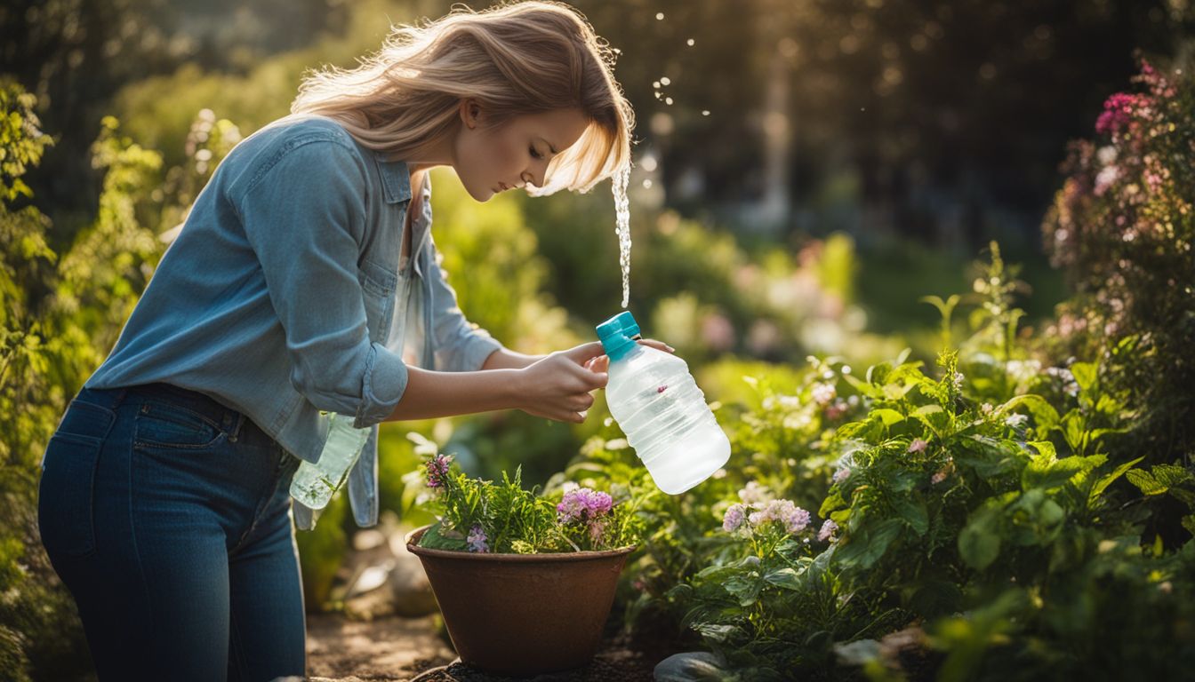 A person placing a water-filled container with dish soap in a garden, surrounded by various people and a bustling atmosphere.