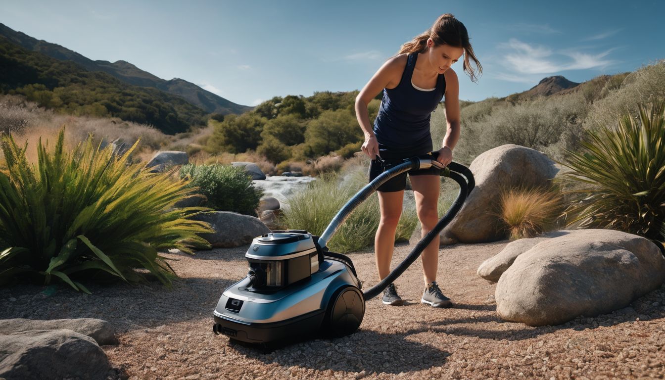 A Caucasian person is using a vacuum cleaner outdoors, surrounded by plants and rocks, in a bustling atmosphere.