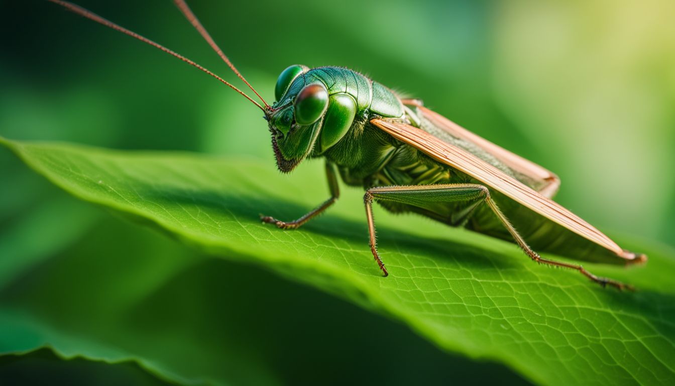A close-up photo of a cricket on a leaf surrounded by lush greenery with various people and outfits.