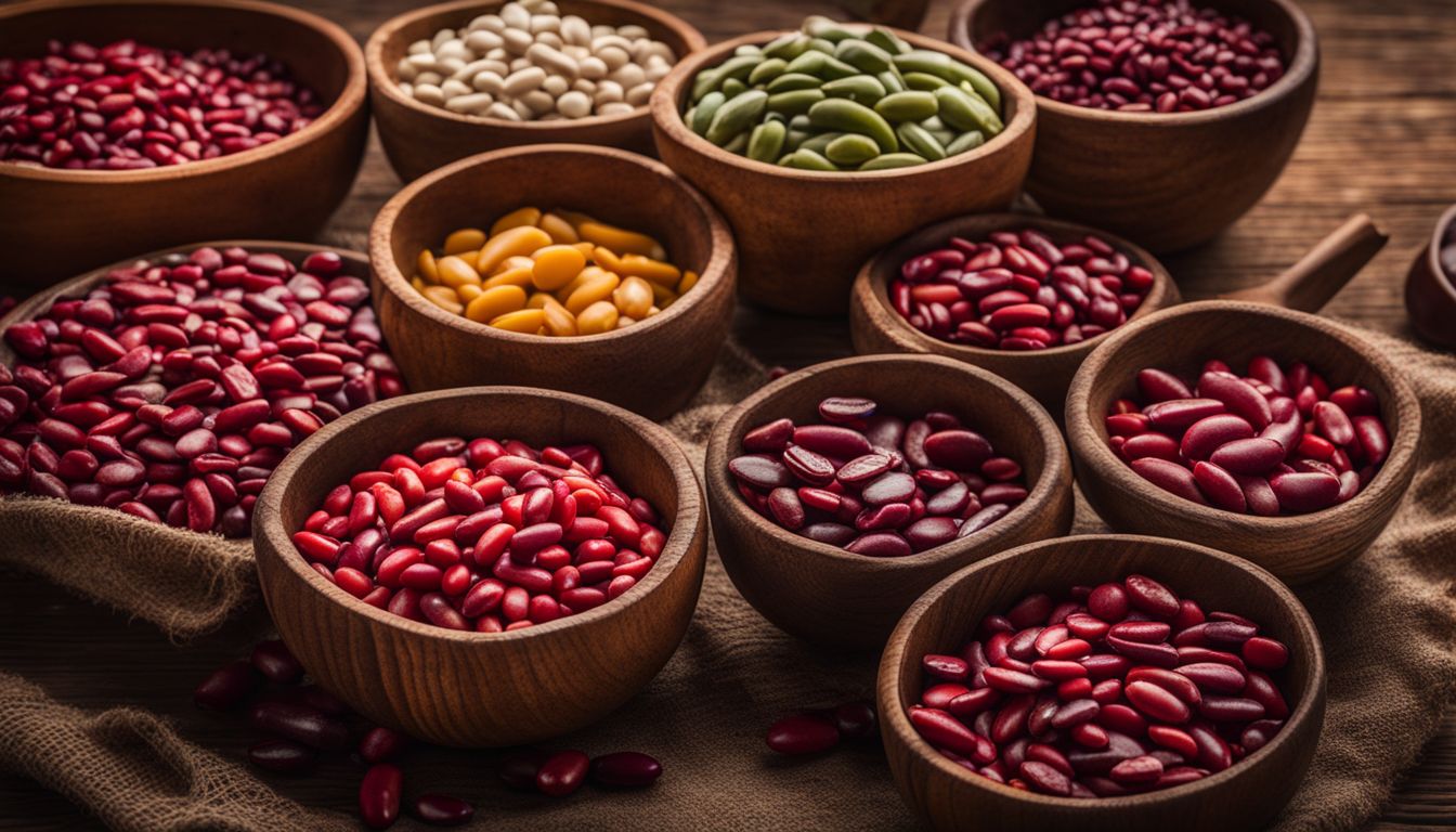 A photo of various kidney beans in a wooden bowl, showcasing different types, colors, and textures.