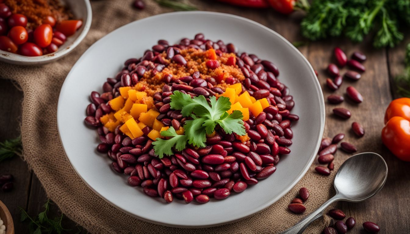 A plate of kidney beans with colorful vegetables and spices arranged beautifully in a bustling atmosphere.