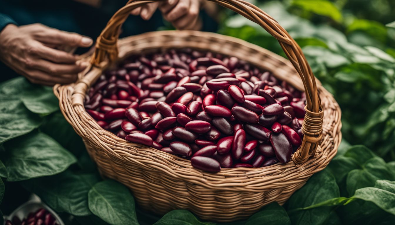 A basket of kidney beans surrounded by diverse people in different outfits, with a bustling atmosphere.