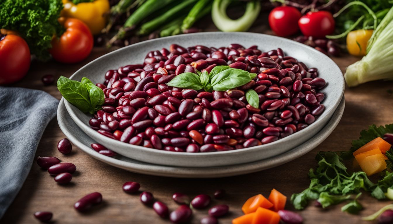 A photo of a plate of kidney beans surrounded by fresh vegetables, with people of diverse appearances, styles, and outfits.