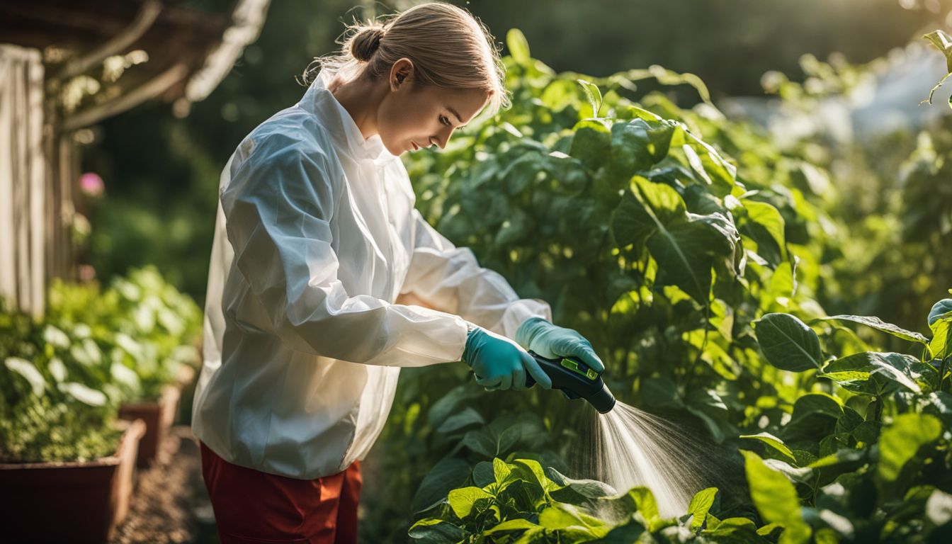 A person in protective clothing sprays organic pest control solution on kidney bean plants in a garden.