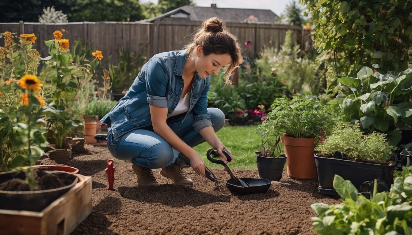 A person is planting kidney bean seeds in a garden using various gardening tools.