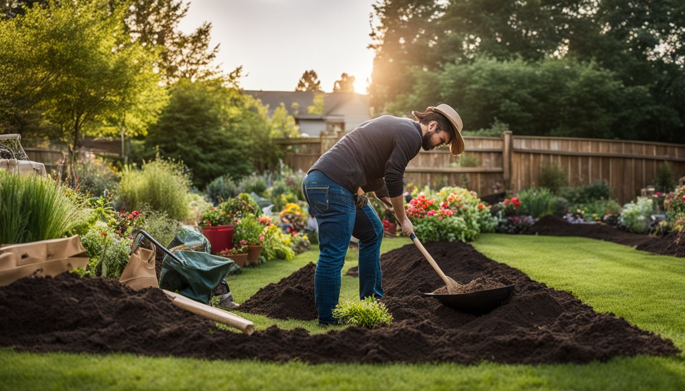 A gardener is seen digging a bed of soil surrounded by gardening tools and bags of compost.