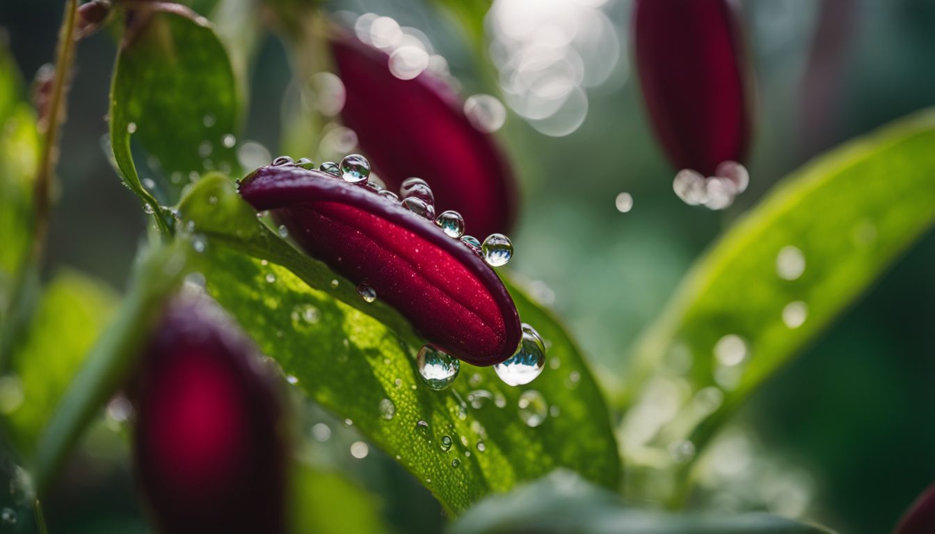 A vibrant garden with water droplets falling on kidney bean plants, featuring diverse people and their unique styles.