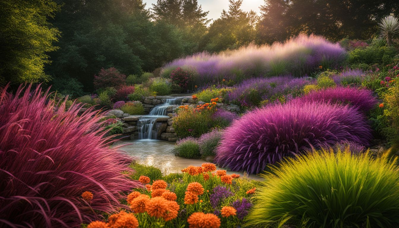 A garden featuring tall Purple Fountain Grass surrounded by colorful flowers, with a diverse group of people enjoying the atmosphere.