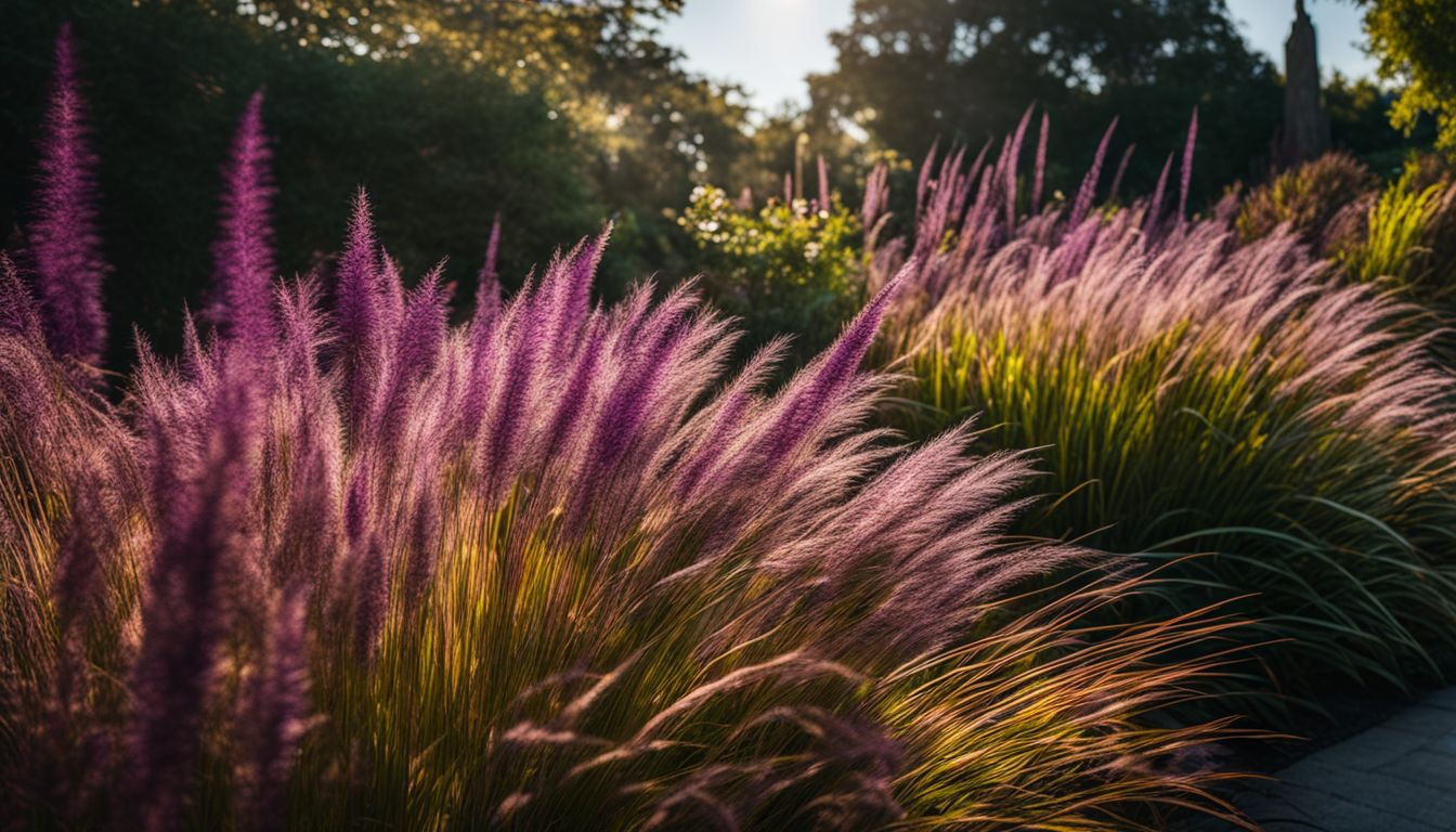 A photo of Purple Fountain Grass in a garden bed, featuring various people with different hairstyles and outfits.