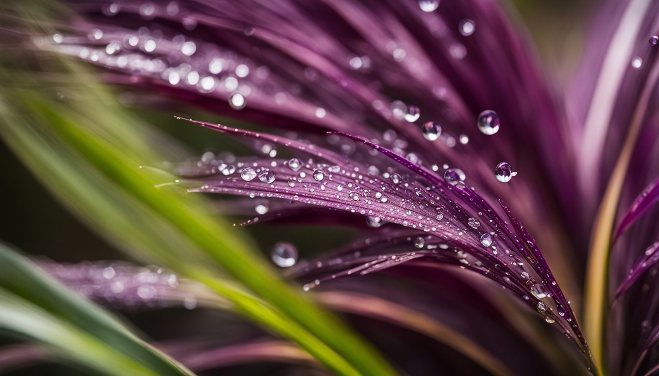 A close-up photo of water droplets on Purple Fountain Grass leaves, showcasing nature's beauty and variety.