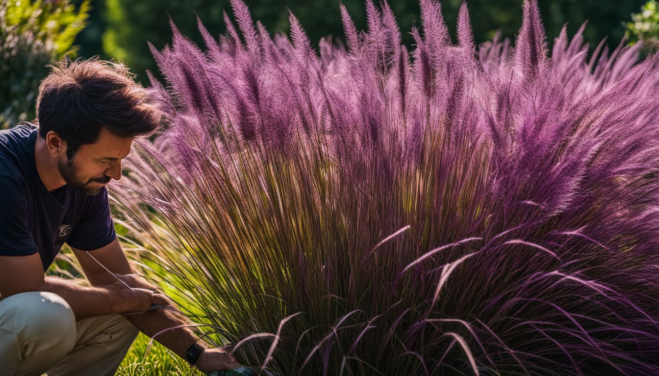 A gardener inspecting Purple Fountain Grass in a well-maintained garden, surrounded by different people and wearing different outfits.