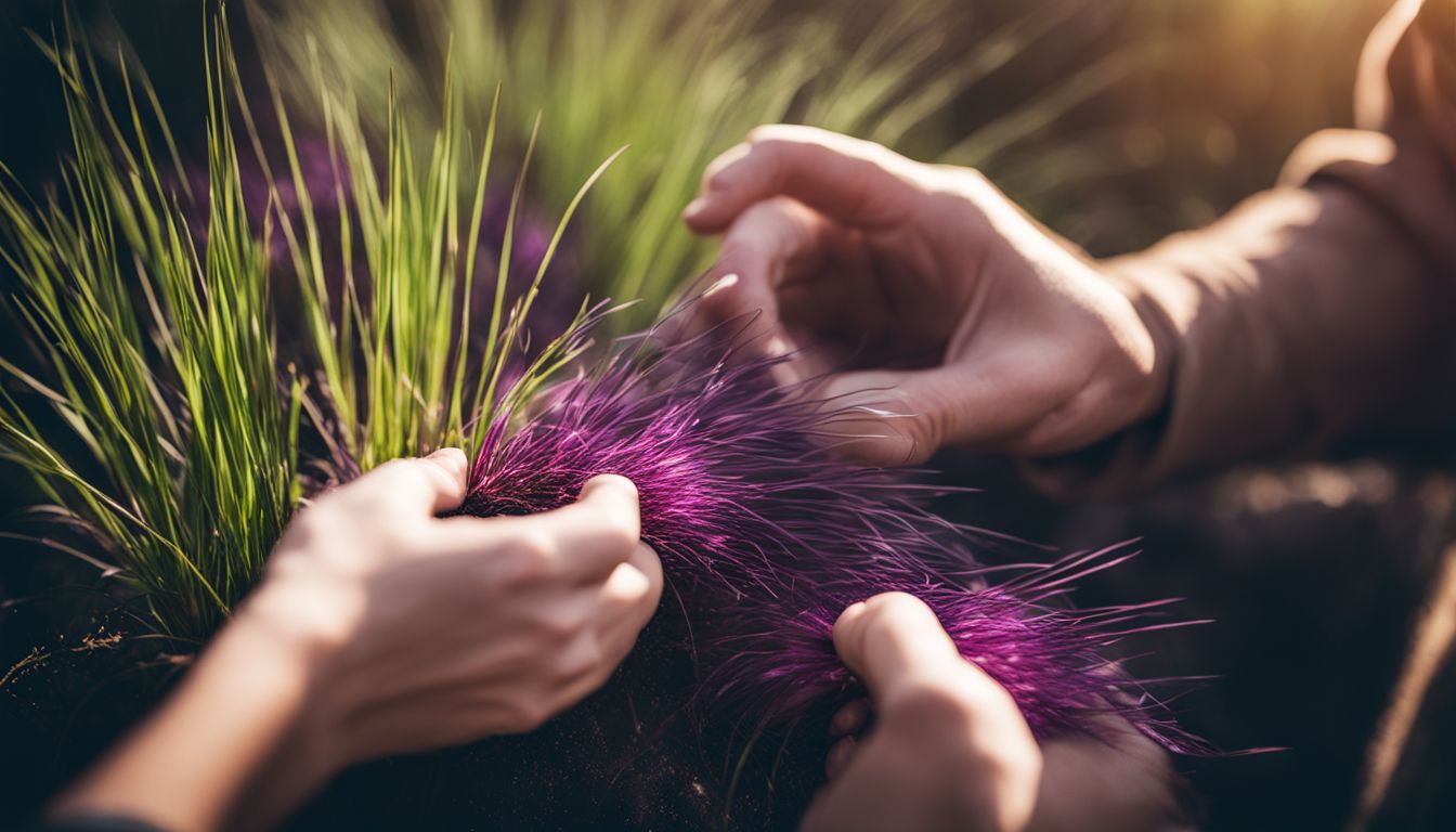A person planting Purple Fountain Grass in a garden with a variety of people and a bustling atmosphere.