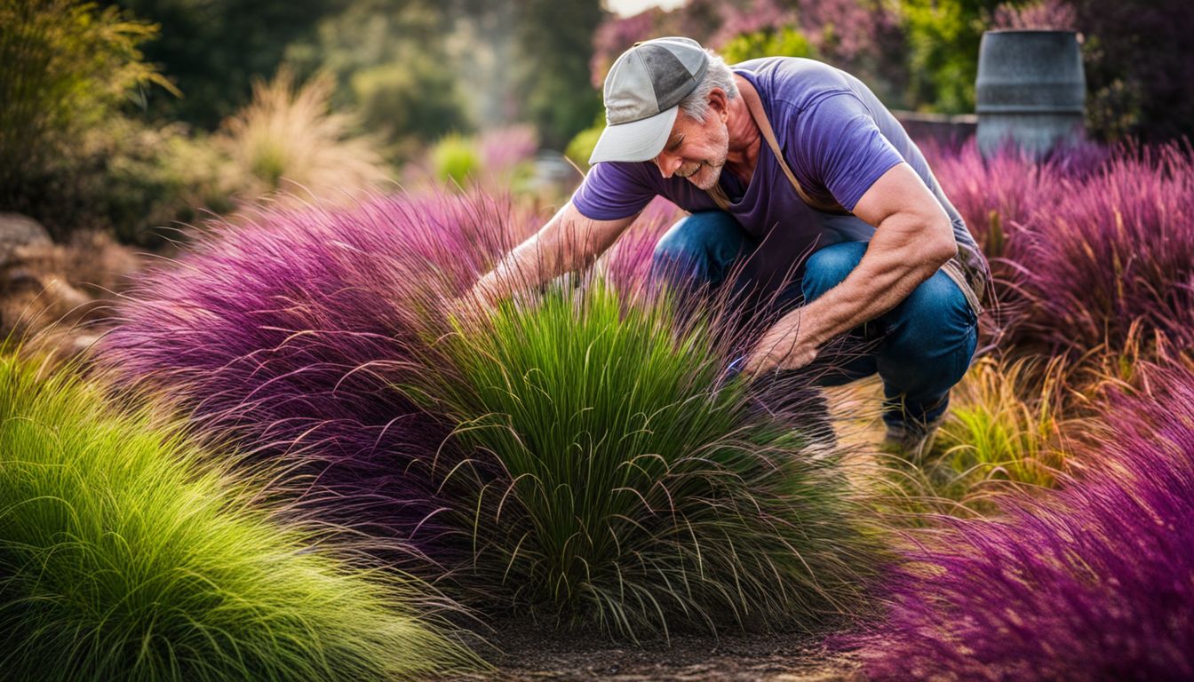 A gardener is dividing and replanting Purple Fountain Grass in a well-lit area with different people of various appearances and outfits.