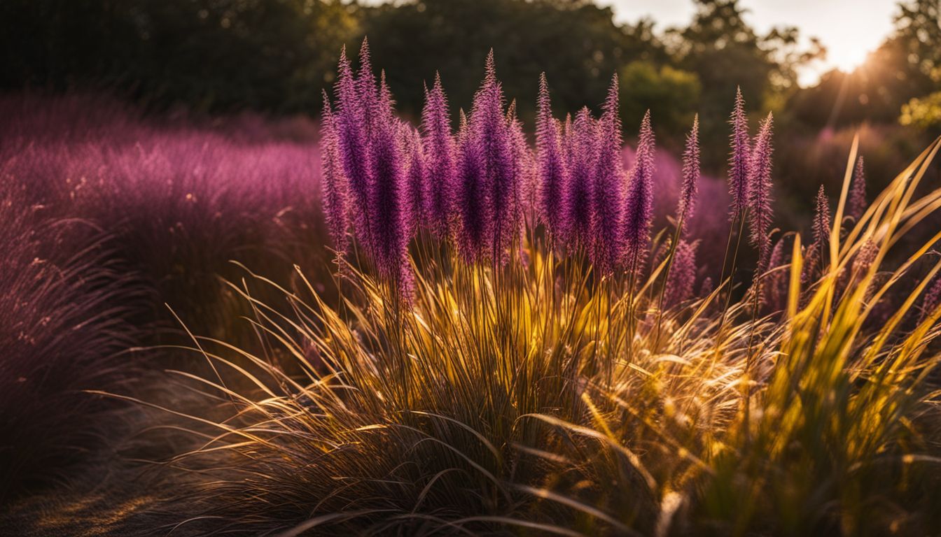 A photo of Purple Fountain Grass in sunlight, surrounded by nature, with different people and a watering can nearby.