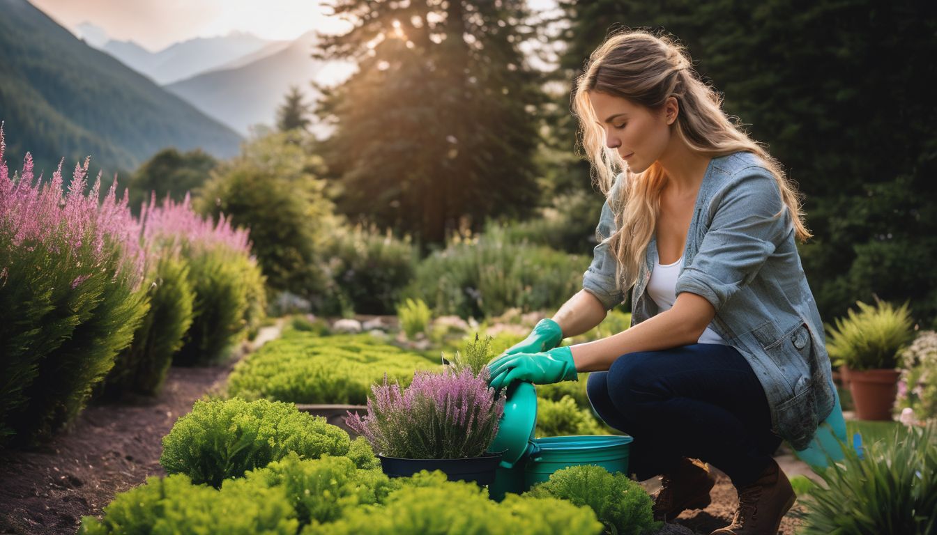 A person fertilizing heather plants in a garden with different faces, hair styles, and outfits, creating a bustling atmosphere.