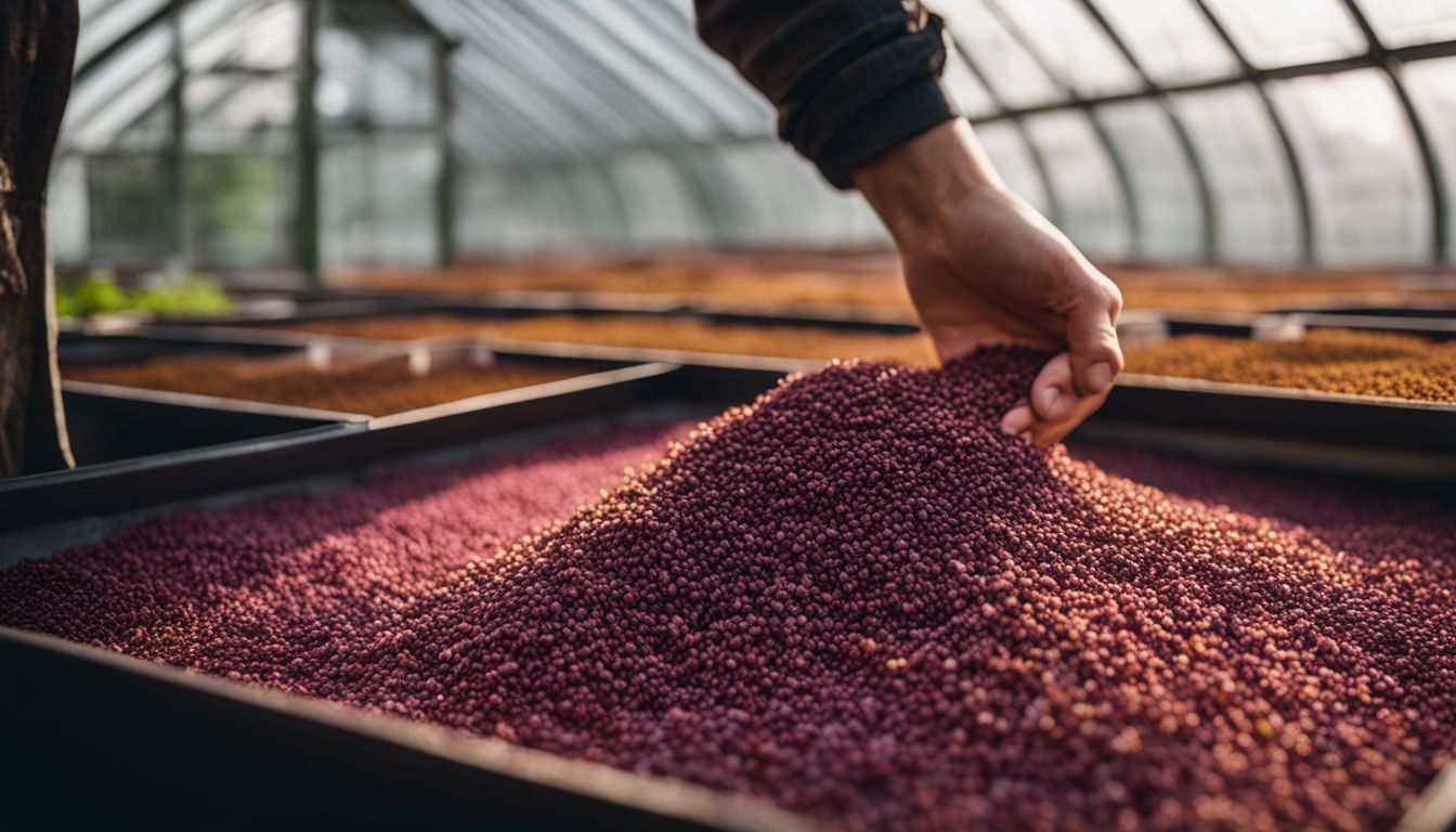 A hand holds a tray of heather seeds in a greenhouse, with a variety of people and surroundings.
