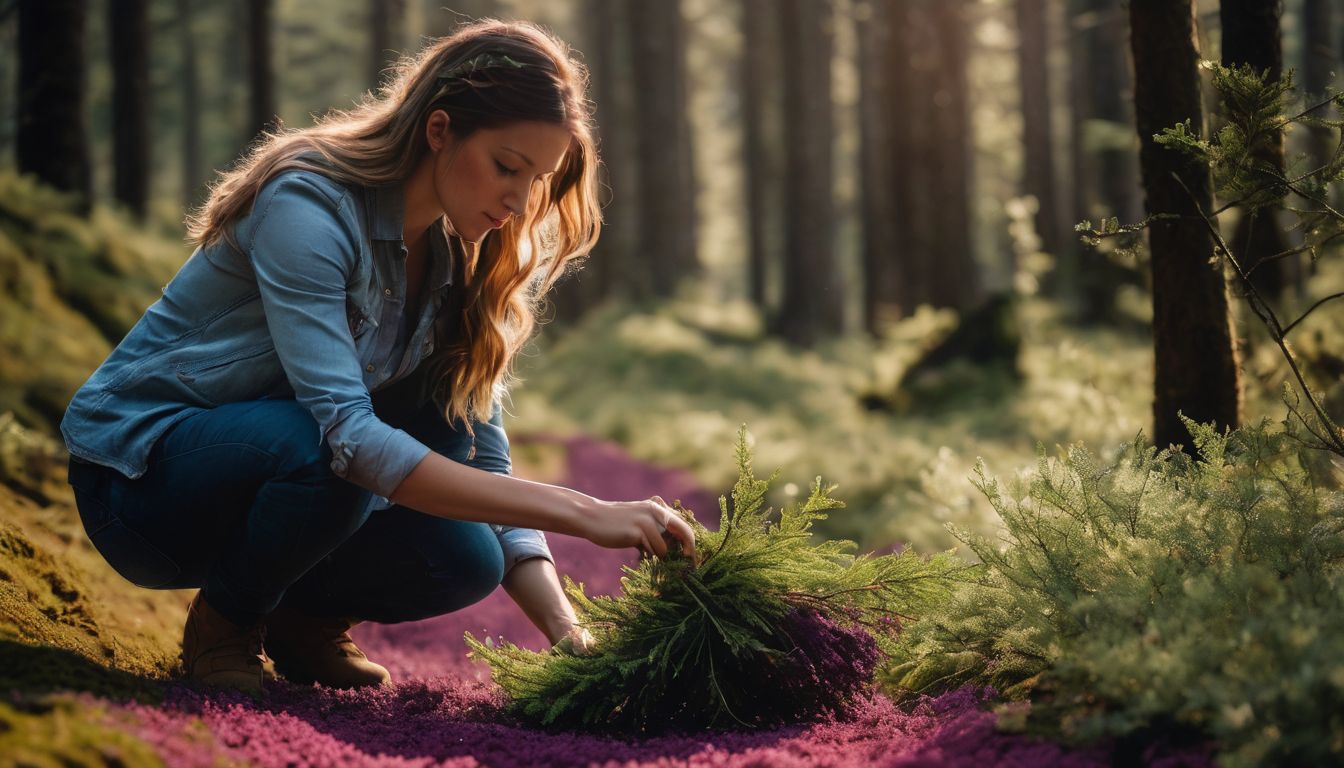 A person in a bustling atmosphere bends a heather branch to the ground and covers it with soil.