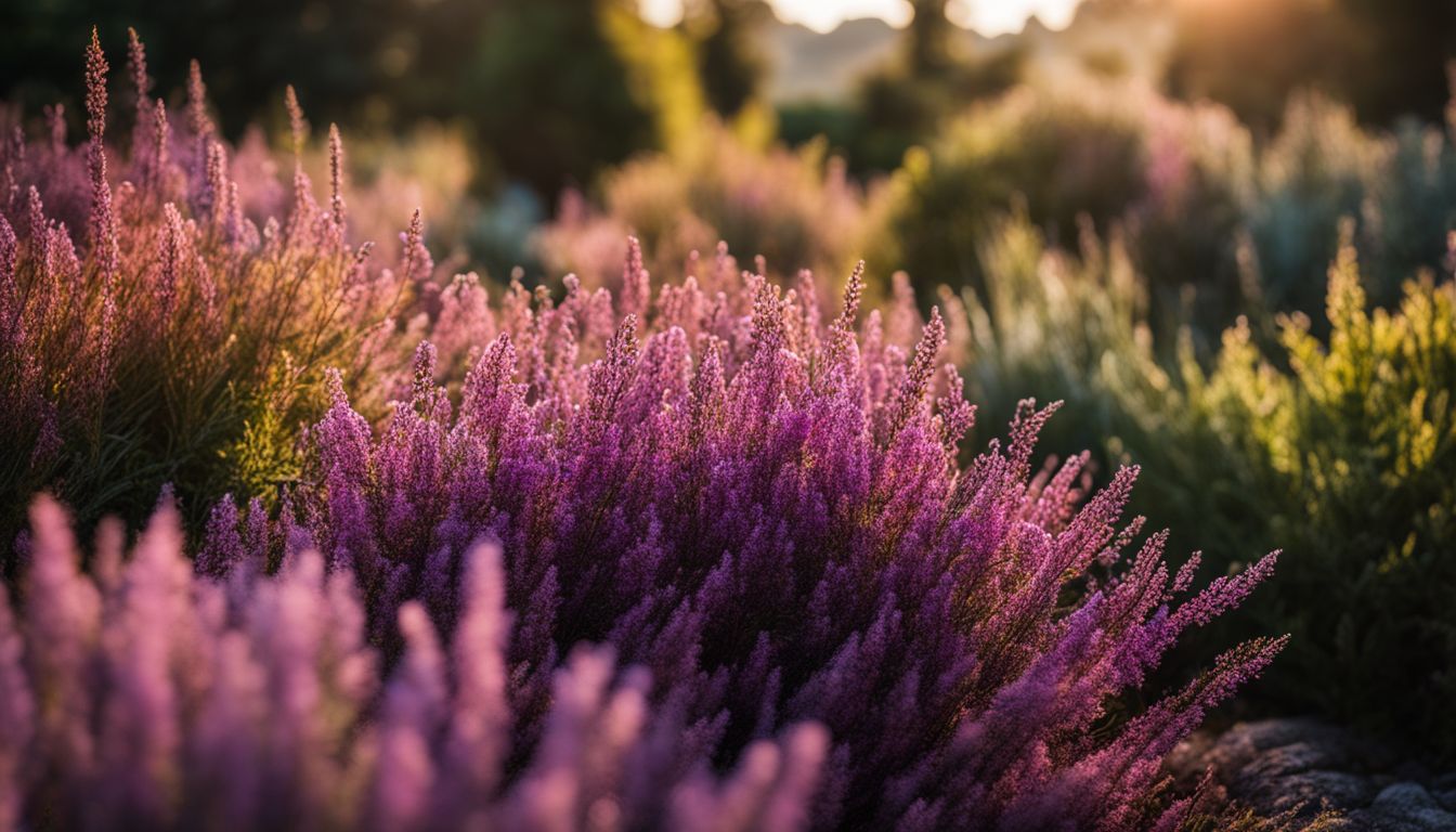 A vibrant heather plant stands out among other plants in a bustling garden, captured in high quality for a natural, photorealistic image.