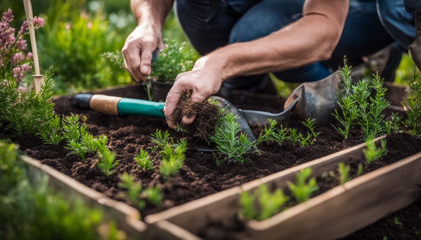 A gardener transplanting heather seedlings in a garden bed surrounded by various gardening tools.