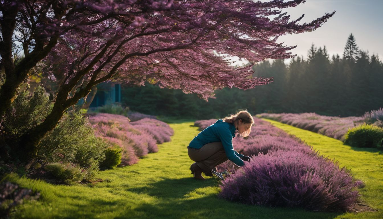 A person pruning heather plants in a well-maintained garden with a variety of people and styles.