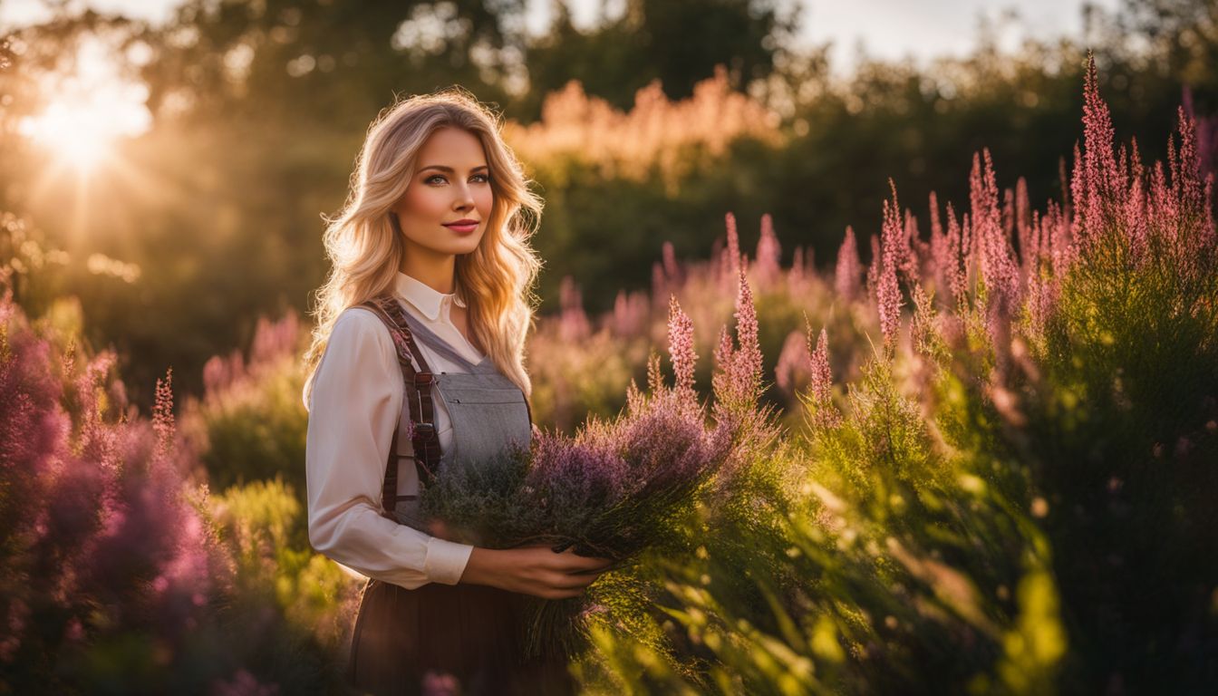 A vibrant garden with Heather plants and a variety of people in different outfits and hairstyles.