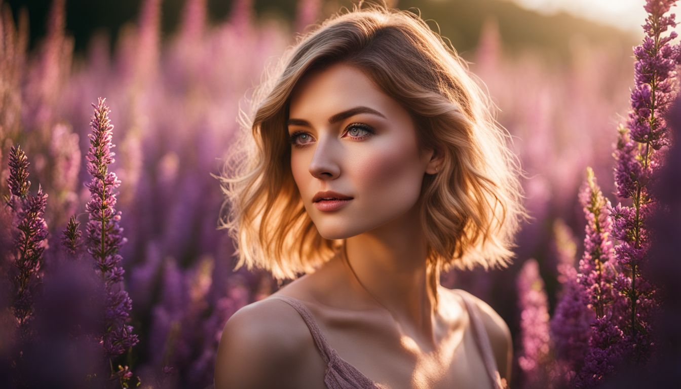 A close-up portrait of a fair-skinned woman in a garden surrounded by blooming heather plants.