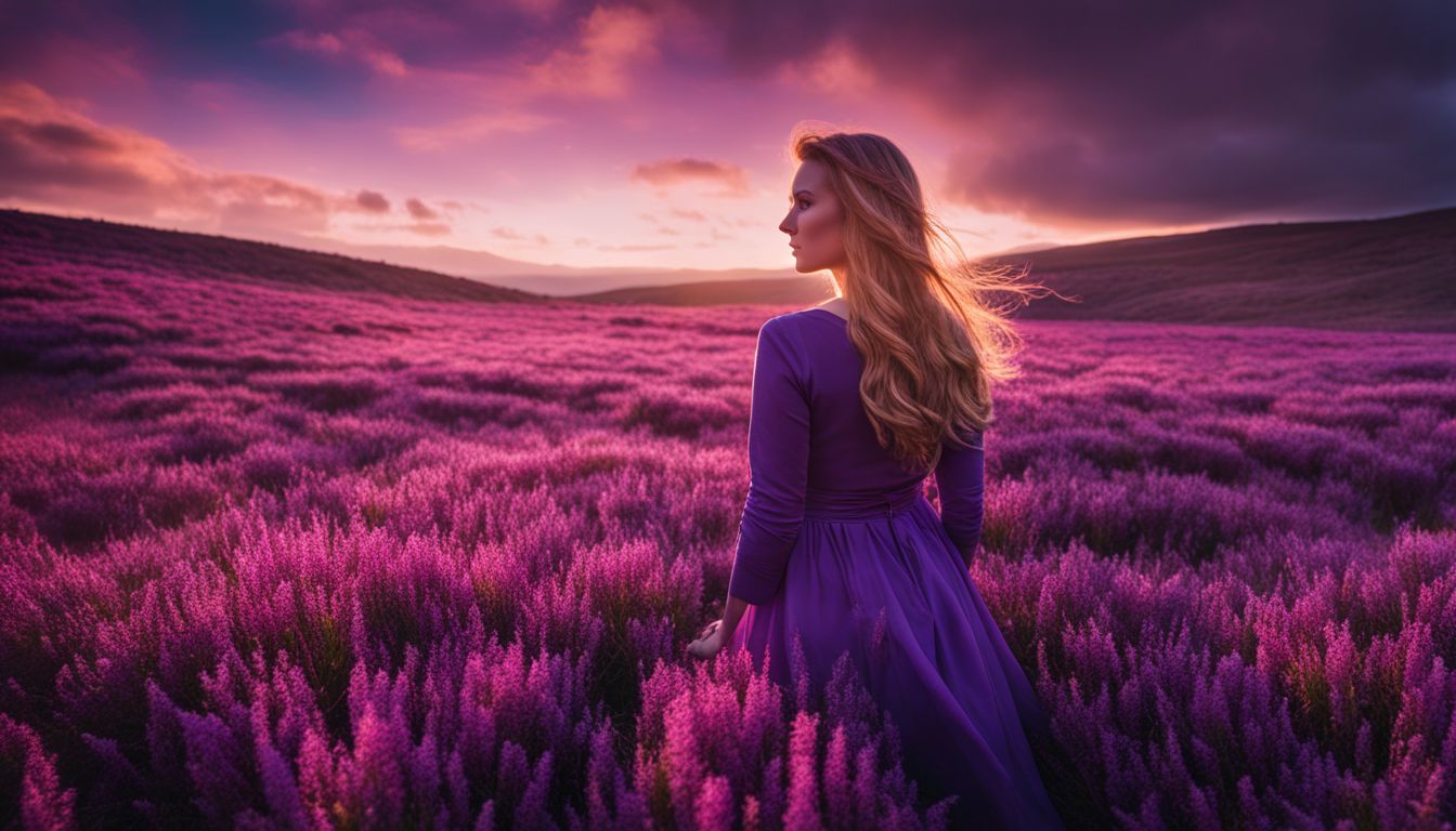 A vibrant heather field with people of different ethnicities and styles, captured in a high-quality photo.