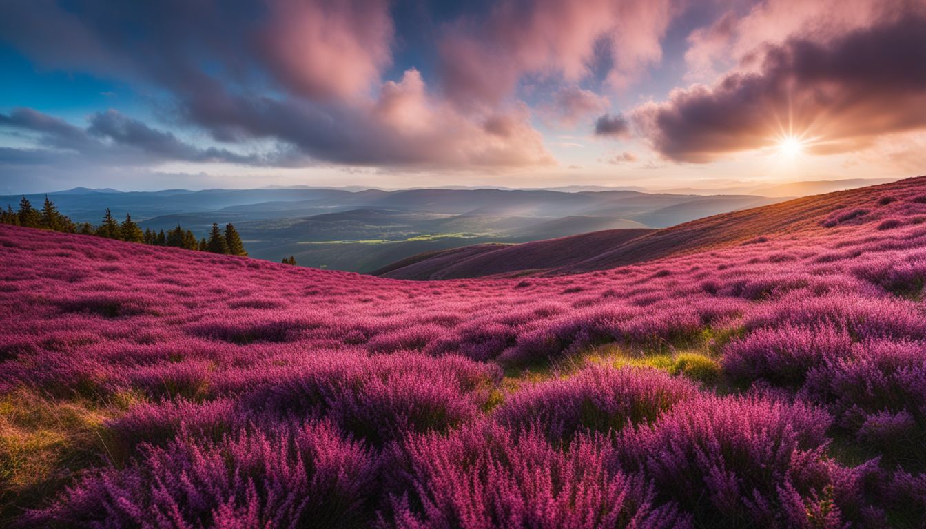 A colorful field of blooming heather with diverse people and their unique styles in a lively atmosphere.