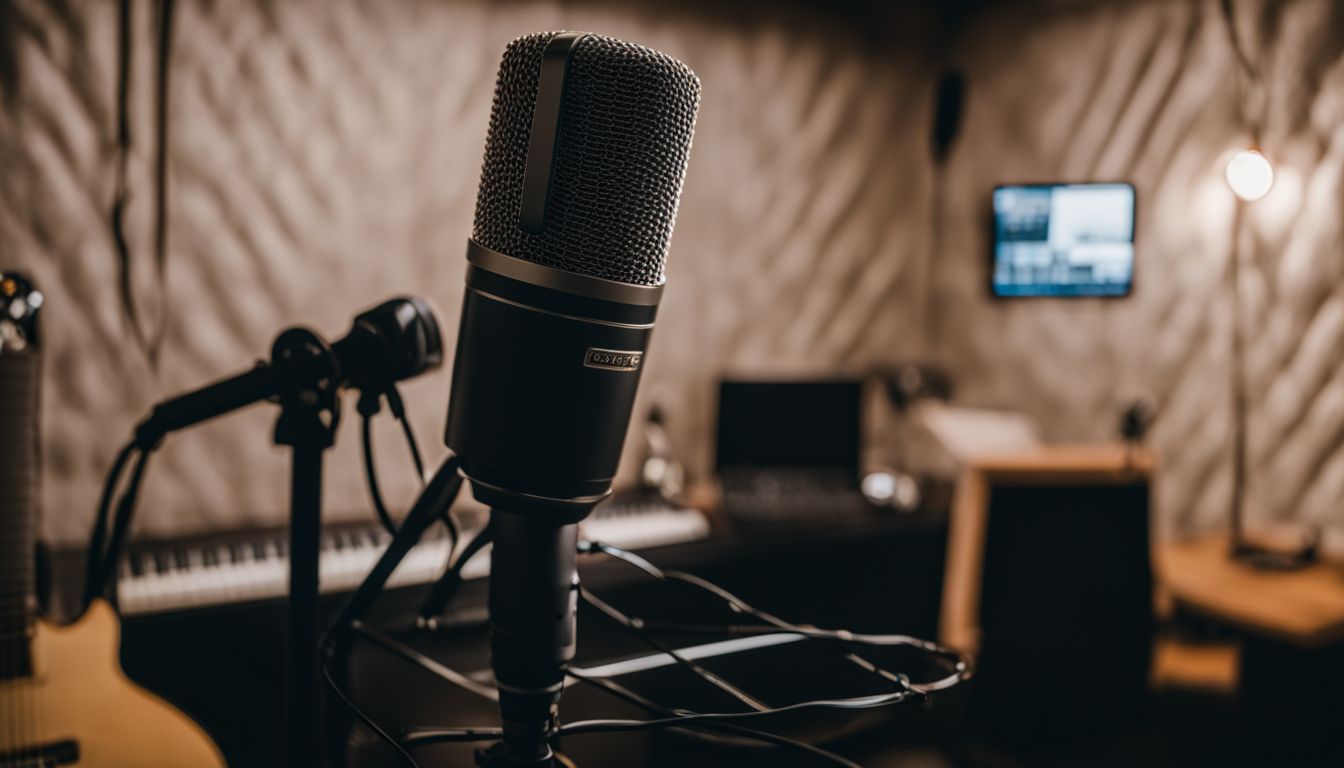 A recording studio with a microphone and diverse individuals.