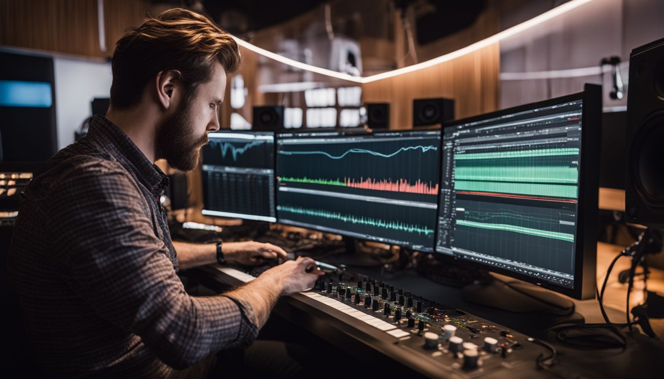 An audio engineer analyzing sound waves in a recording studio setting.