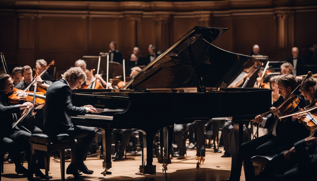Musician playing grand piano surrounded by symphony orchestra in concert hall.