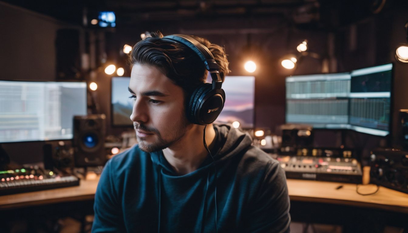 A person wearing headphones in a studio surrounded by technology equipment.