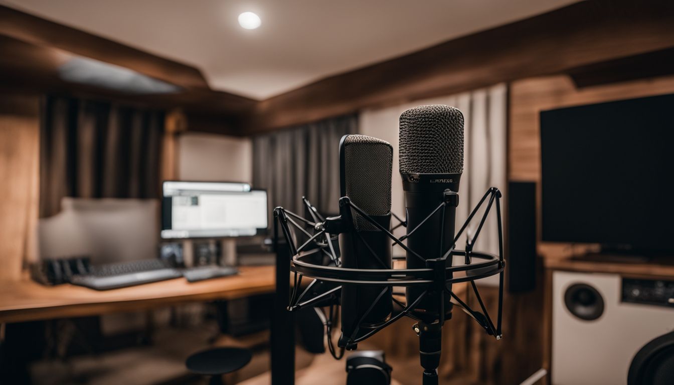 A professional microphone in a home recording studio with soundproofing foam.