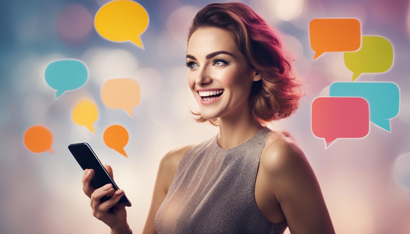 Smiling woman with smartphone surrounded by colorful speech bubbles.