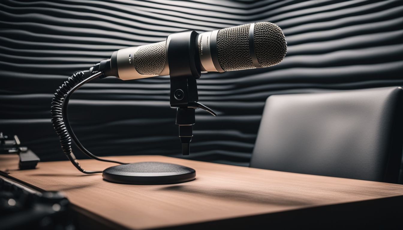 A professional microphone surrounded by soundproof foam panels in a studio.