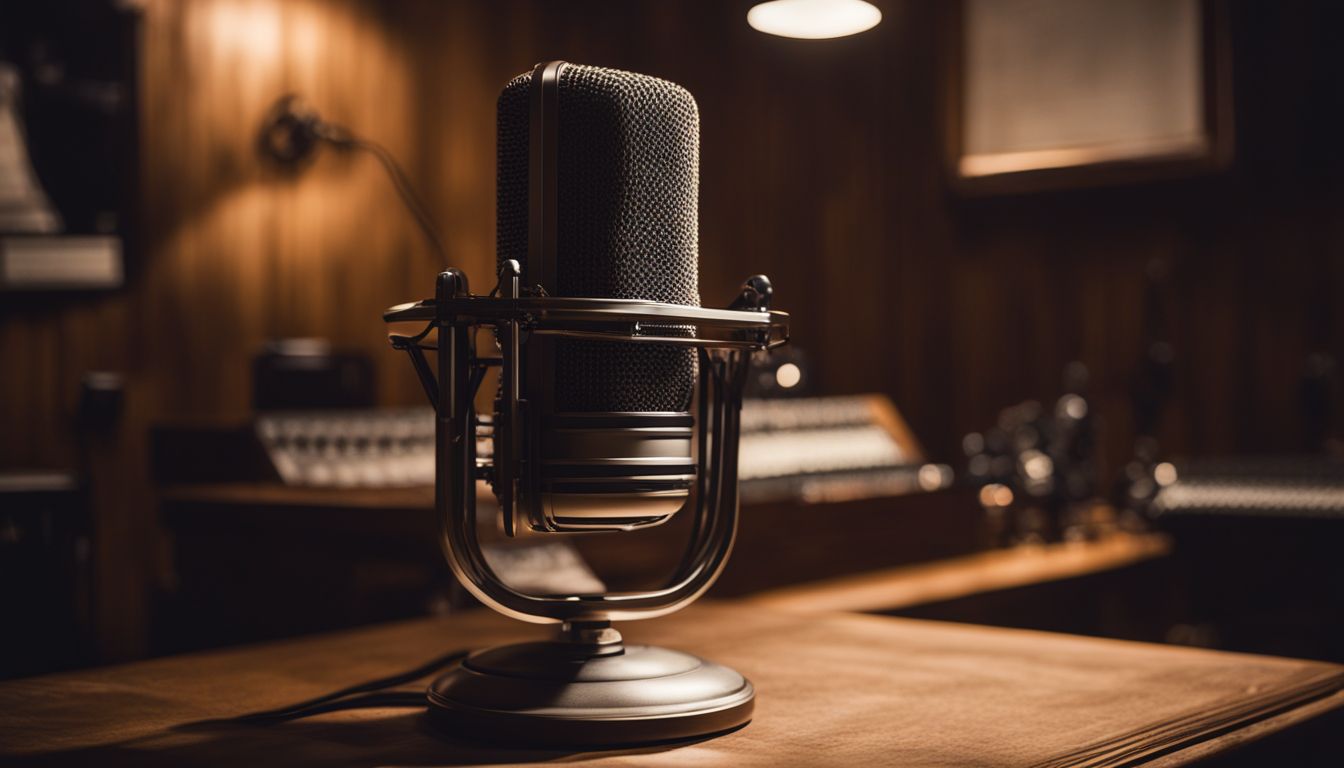 A vintage microphone in a recording studio capturing unique faces.