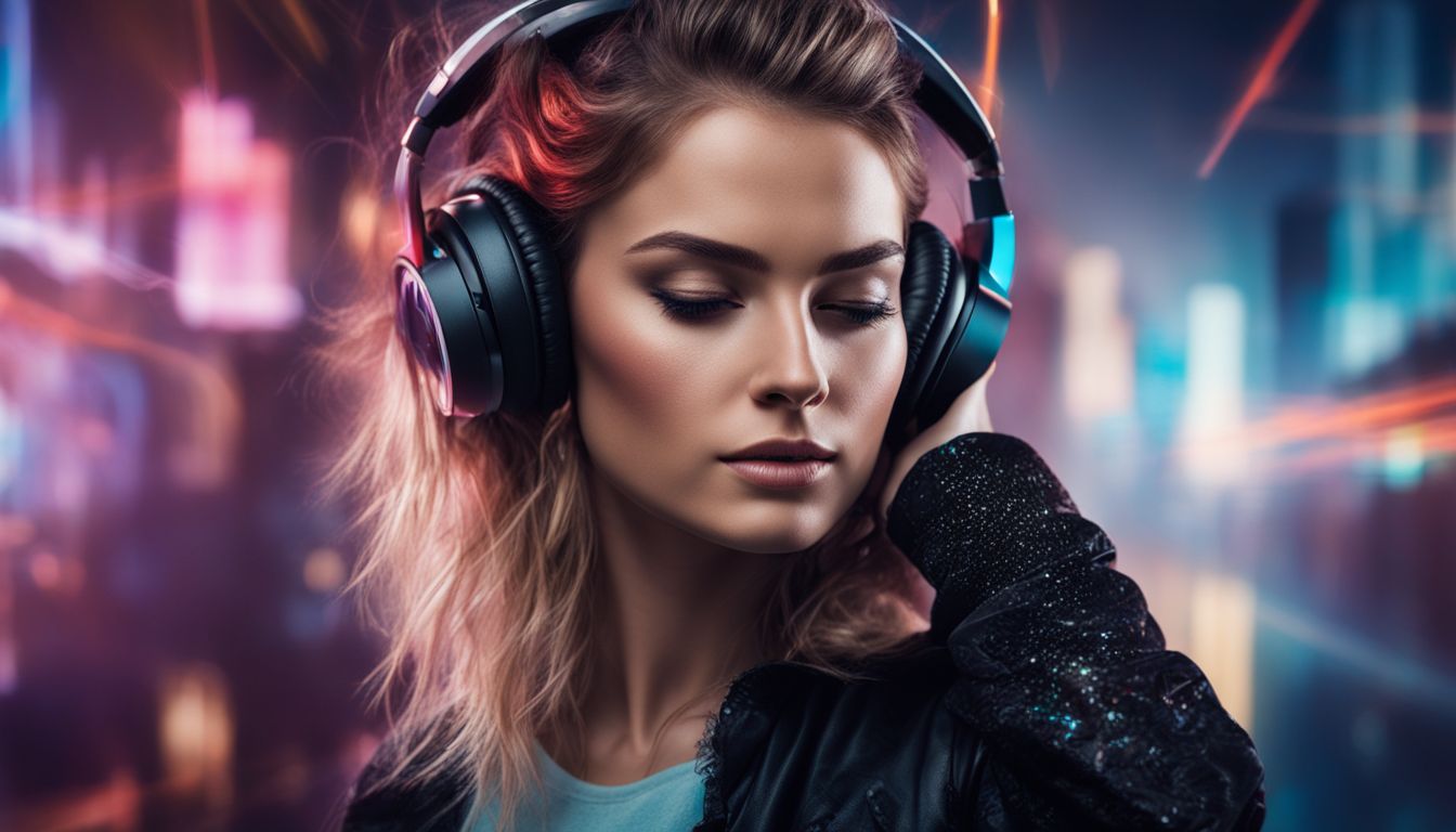 Young woman dancing with headphones in front of vibrant audio waveform.