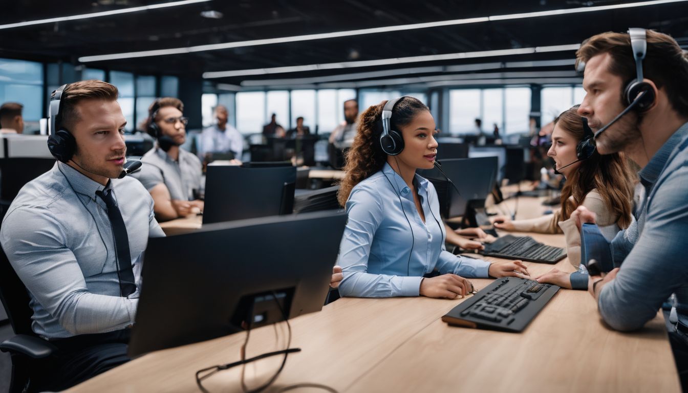 Call center employees focused on high-quality audio recording in bustling workplace.