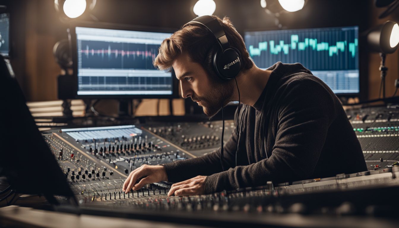 A sound engineer in a recording studio adjusting sound levels.