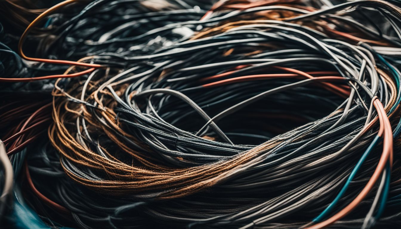 Close-up photo of tangled cords and cables in a bustling atmosphere.