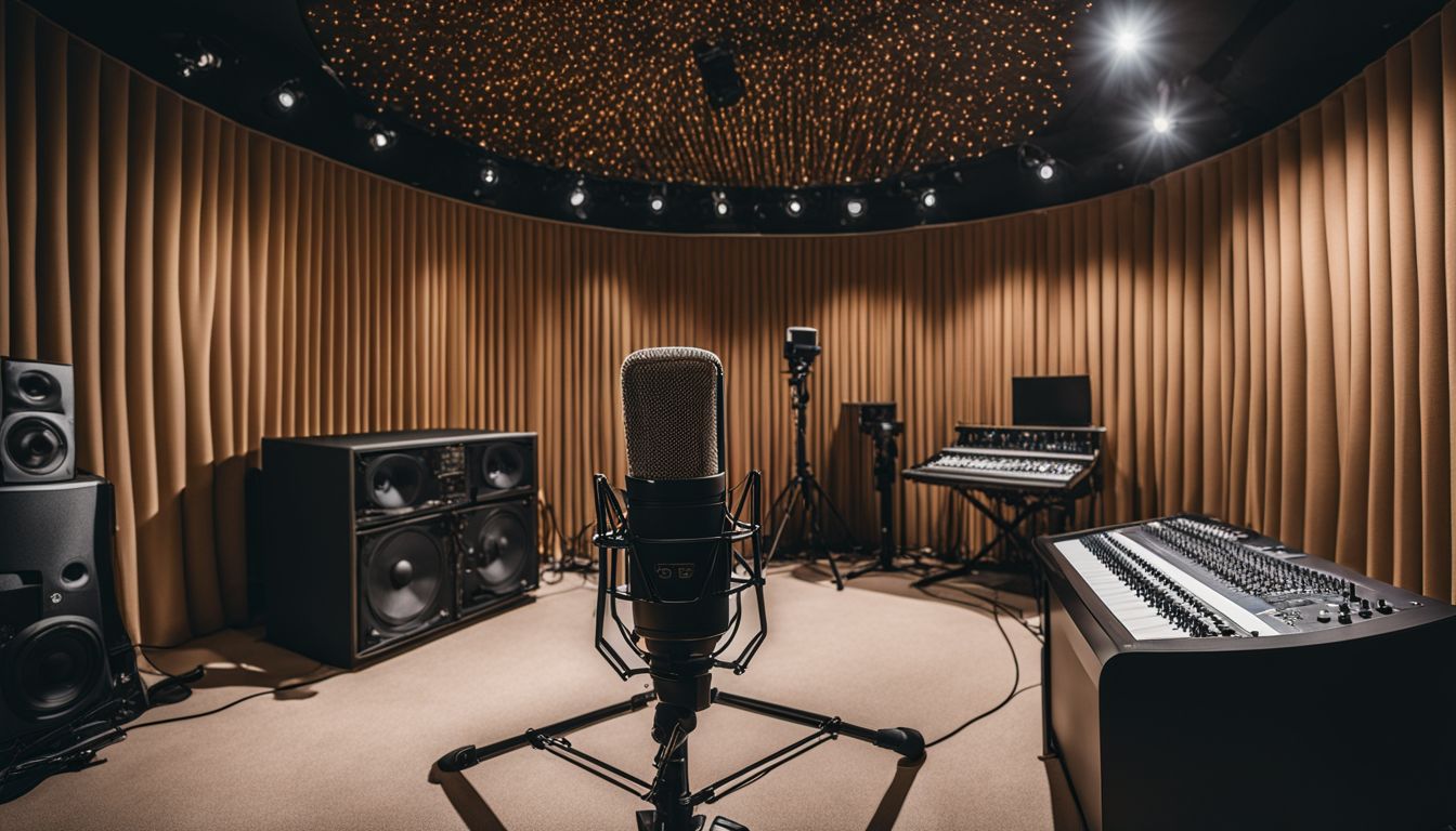 A professional recording studio with diverse individuals using studio equipment.