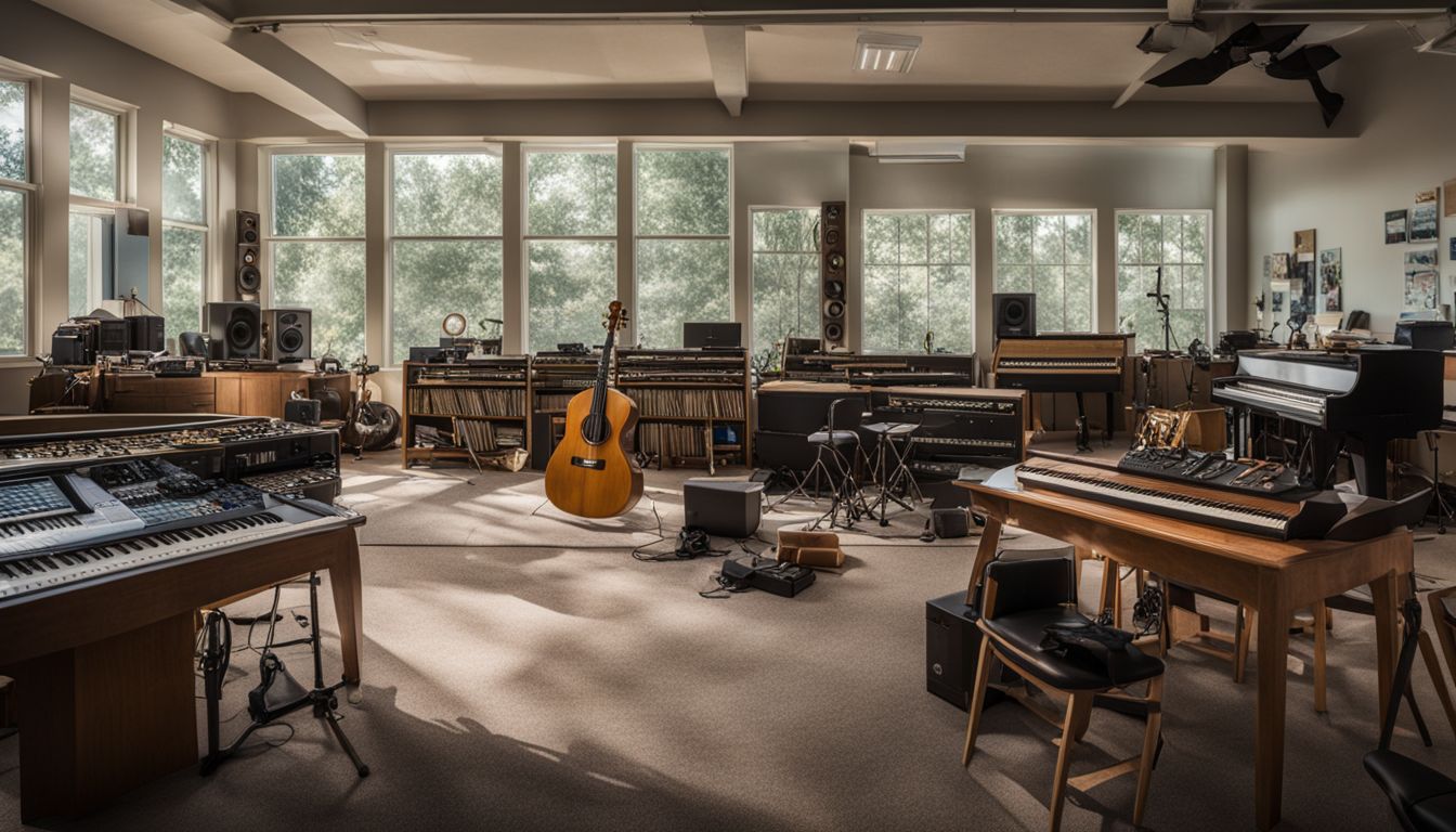 A diverse classroom filled with musical instruments and nature photography.