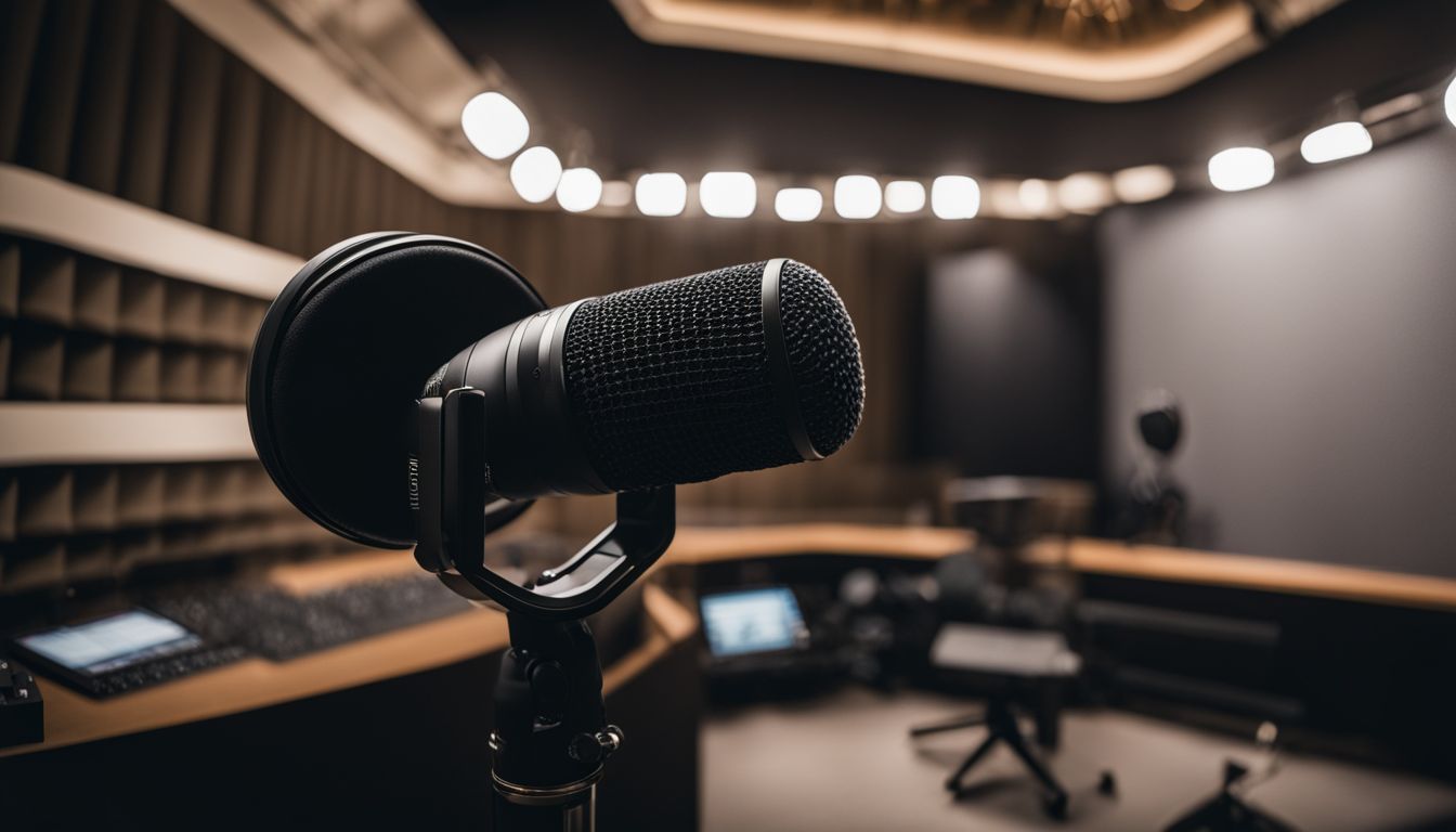 A professional microphone surrounded by soundproof panels, capturing various faces.